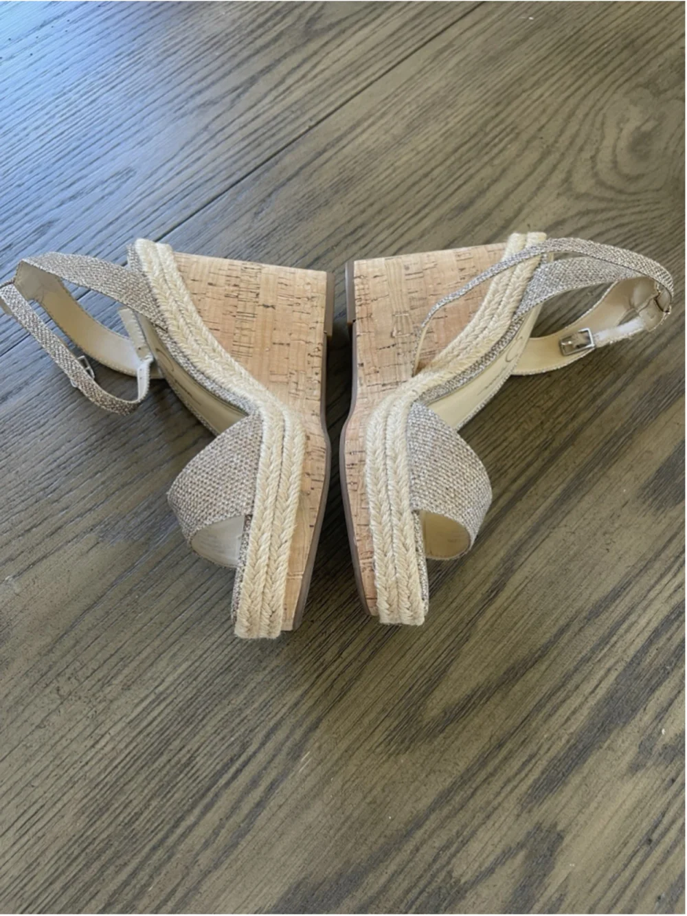 Jessica Simpson Women’s Beige Glitter Wedge Sandals Ankle Strap Buckle 7.5